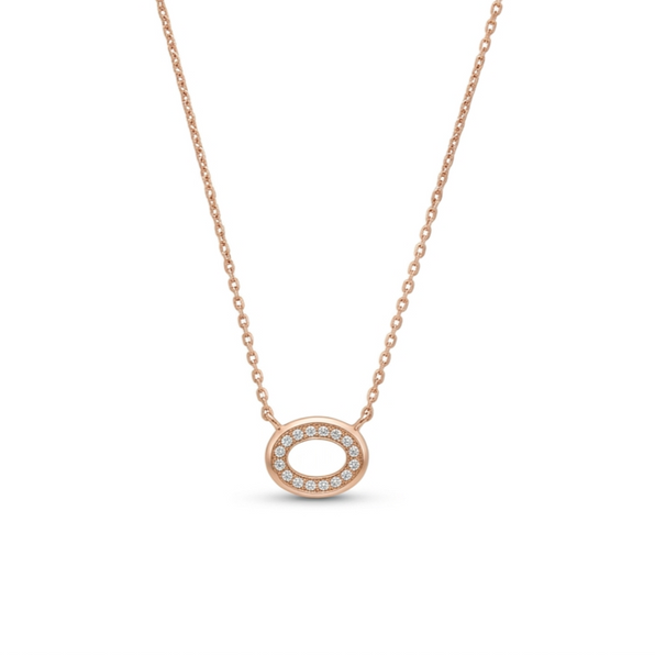 A delicate rose gold chain necklace featuring an oval pendant with a single row of small clear stones, set against a plain white background.